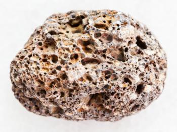 macro shooting of natural mineral rock specimen - tumbled brown pumice stone on white marble background from Sicily