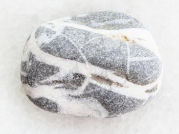 macro shooting of natural mineral rock specimen - tumbled gray Gneiss stone on white marble background