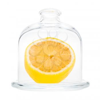 side view of halved fresh lemon in Glass Lemon Keeper isolated on white background