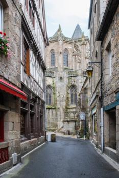travel to France - view of Cathedral Saint-Tugdual from street Rue Ernest Renan in Treguier town