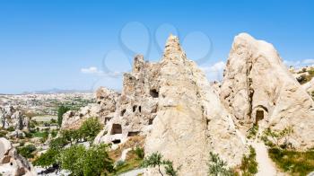 Travel to Turkey - ancient cave monastic settlement near Goreme town in Cappadocia in spring