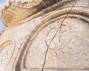 Travel to Turkey - wall decor of ancient cave church near Goreme town in Cappadocia region