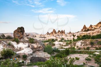 Travel to Turkey - view of Goreme town from mountain valley in Cappadocia in spring