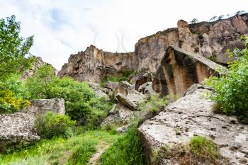Travel to Turkey - old volcanic rocks of gorge in Ihlara Valley in Aksaray Province in Cappadocia in spring