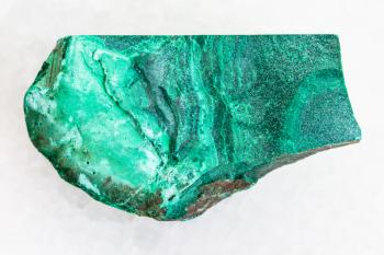 macro shooting of natural mineral rock specimen - raw green malachite stone on white marble background from Katanga Copper Crescent, Catanga in Congo