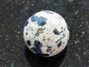 macro shooting of natural mineral rock specimen - bead from Dalmatian Jasper gemstone on dark granite background