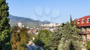 travel to Crimea - view of Alushta city from Baglikov Street in morning
