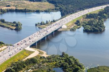 Above view of Novorizhskoye Shosse of Russian route M9 Baltic Highway over Moskva river in Moscow city
