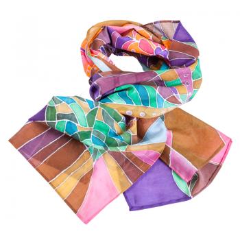 knotted hand painted brown, violet, green batic silk scarf isolated on white background