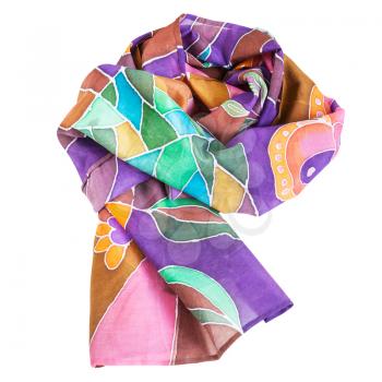 wrapped hand painted brown, violet, green batic silk scarf isolated on white background