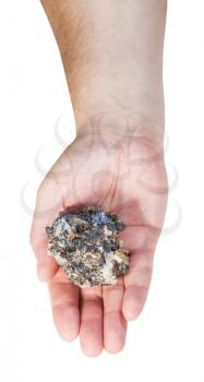 top view of zinc and lead mineral ore (sphalerite with galena) on male palm isolated on white background