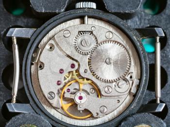 watchmaker workshop - open used watch fixed in plastic holder for repairing
