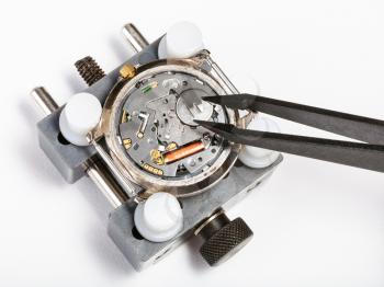 watchmaker workshop - replacement battery in quartz watch with tweezers close up on white background
