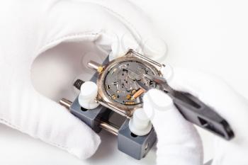 watchmaker workshop - replacing battery in quartz watch close up by tweezers on white background