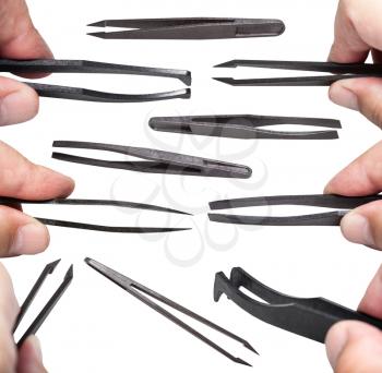 collage from various black plastic anti-static tweezers isolated on white background
