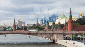 above view of Moscow cityscape with Kremlin from Floating Bridge in Zaryadye park in Moscow city in autumn