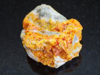 macro shooting of natural mineral rock specimen - yellow Orpiment crystals on white dolomite stone on dark granite background from Kabardino-Balkarian Republic, Northern Caucasus Region, Russia