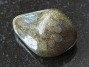 macro shooting of natural mineral rock specimen - tumbled labradorite gem stone on dark granite background from Finland