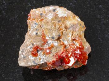 macro shooting of natural mineral rock specimen - raw crystal of Vanadinite gemstone on dark granite background from Morocco