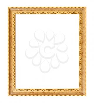 vertical carved golden wooden picture frame with cut out canvas isolated on white background