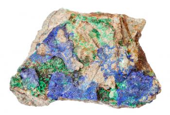 macro shooting of natural mineral rock specimen - blue Azurite and green Malachite at stone isolated on white background from Ural Mountains, Russia