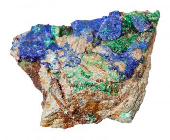 macro shooting of natural mineral rock specimen - blue Azurite and green Malachite on raw stone isolated on white background from Ural Mountains, Russia