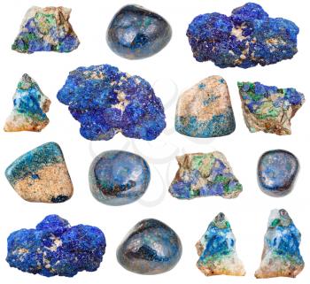 collection of natural mineral specimens - various Azurite gem stones isolated on white background