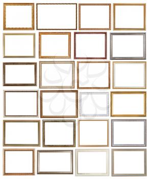 set of various vintage wooden picture frames with cut out canvas isolated on white background