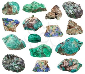collection of natural mineral specimens - various Malachite stones isolated on white background
