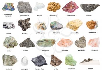 set of natural mineral specimens with name (dolerite, olivine, pegmatite, peridotite, richterite, shungite shale, urtite, gedrite, xonotlite, quartz, chalcopyrite, galena, etc) isolated on white