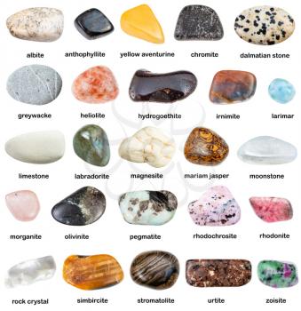 collection of natural mineral gem stones with name (dunite, chromite, irnimite, stromatolite, heliolite, simbircite, hydrogoethite, anthophyllite, rhodonite, larimar, zoisite, etc) isolated on white
