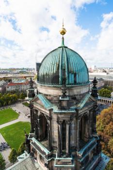 travel to Germany - tower of Berlin Cathedral (Berliner Dom) over Lustgarten park at Museum Island in Berlin city in september