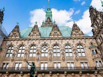 Travel to Germany - view of building of Hamburger Rathaus (Town Hall) from courtyard in Hamburg city in september