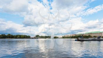Travel to Germany - view of Binnenalster (Inner Alster Lake) with fountain in Hamburg city in september