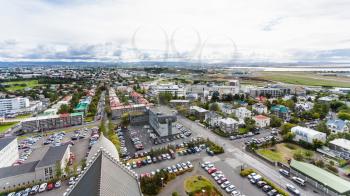 travel to Iceland - aerial view of Eiriksgata street in Reykjavik city from Hallgrimskirkja church in autumn
