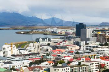 travel to Iceland - above view of Midborg district and Atlantic Ocean in Reykjavik city from Hallgrimskirkja church in september