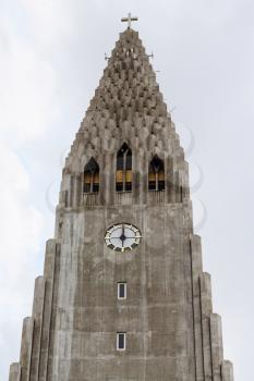 travel to Iceland - front view of tower of Hallgrimskirkja church in Reykjavik city in september