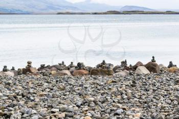travel to Iceland - stone pyramids at Sculpture and Shore Walk on Atlantic coast in Reykjavik city in september