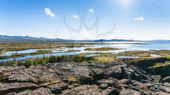 travel to Iceland - above view of valley with Thingvallavatn lake in Thingvellir national park in september