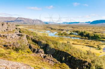 travel to Iceland - above view of rift valley with earth fault in Thingvellir national park in september