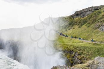 travel to Iceland - water spray from Gullfoss waterfall in canyon of Olfusa river in september