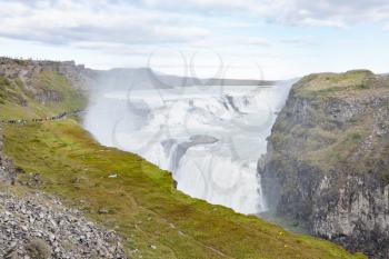 travel to Iceland - panorama of Gullfoss waterfall in canyon of Olfusa river in september