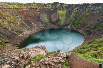 travel to Iceland - above view of Kerid lake in volcanic crater in september evening