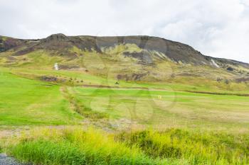 travel to Iceland - view of green valley in Hveragerdi Hot Spring River Trail area in september