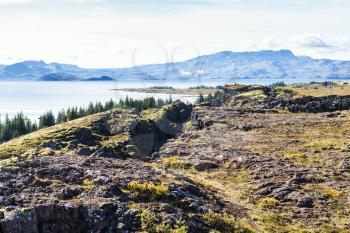 travel to Iceland - rocks and Thingvallavatn lake in Thingvellir national park in september