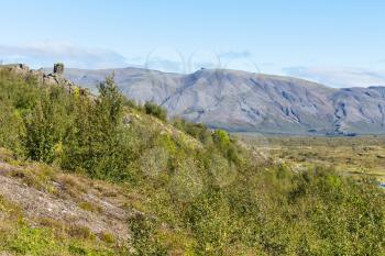 travel to Iceland - green mountain slope of valley in Thingvellir national park in autumn