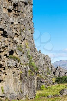 travel to Iceland - stone walls of Almannagja Fault in Thingvellir national park in autumn