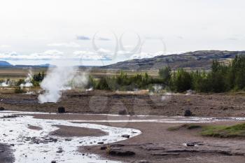 travel to Iceland - view of Haukadalur geyser area in september
