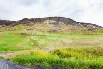 travel to Iceland - panorama of green valley in Hveragerdi Hot Spring River Trail area in september