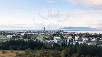 travel to Iceland - panorama of Reykjavik city from Perlan at Oskjuhlid Hill in autumn evening